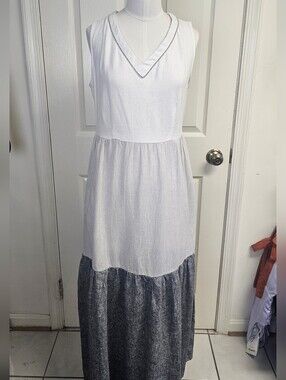 Joie Linen Colorblock Jeweled V-Neck Maxi Dress Gray White XS Like New